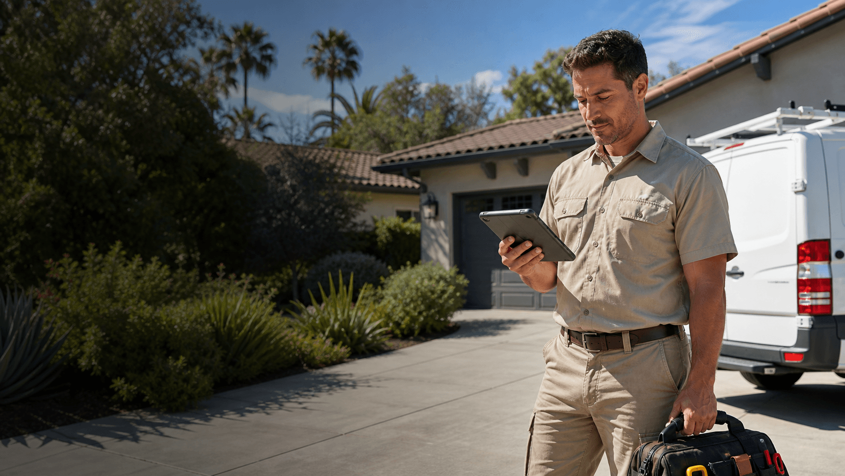 Field service technician in a beige uniform reviewing a service job outside a home